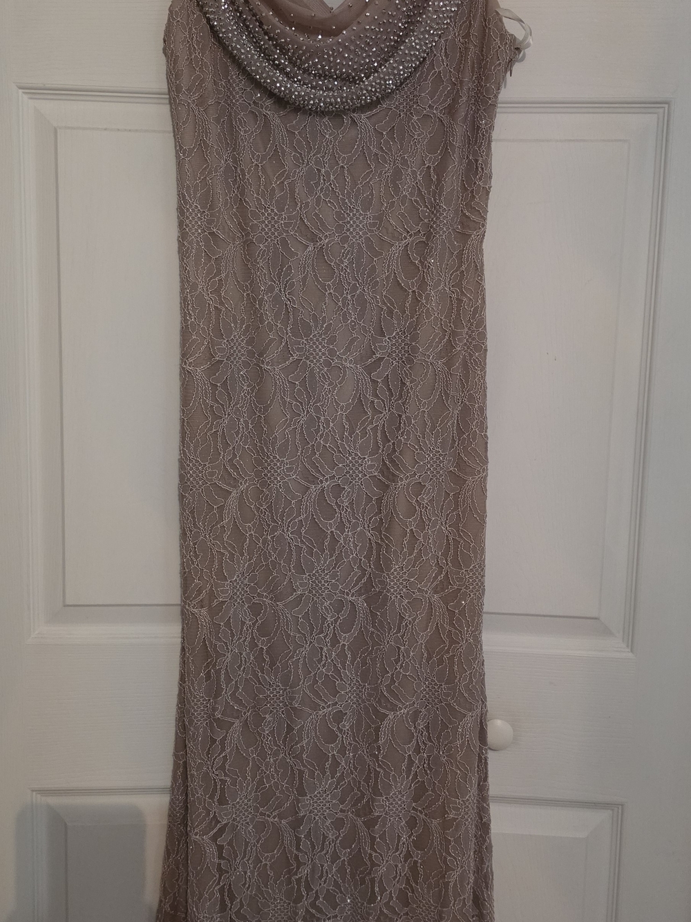 Cachet Taupe Lace Beaded Cowl Neck Maxi Dress
